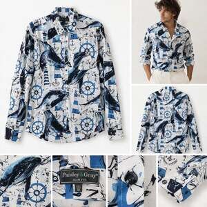 Paisley & Gray Slim Fit Nautical Whale & Lighthouse Print Shirt, Size XXL